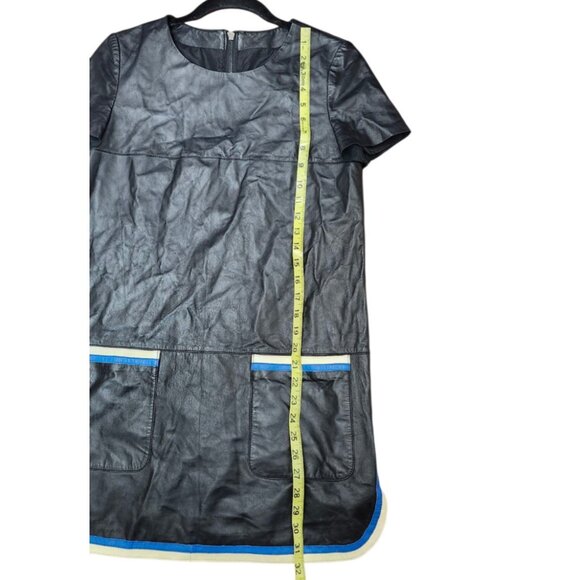 Women's Black Faux Leather Dress M Short Sleeve Mod Style Pockets & Trim - Picture 7 of 9